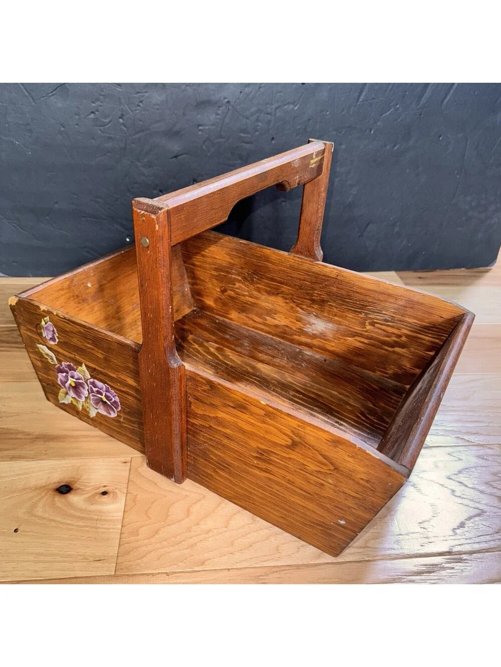 Old Hand Painted Wooden Tote Basket Floral Pansy Design Farmhouse Decor Rustic